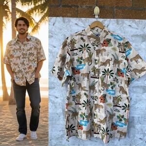 Yiume Funky Hawaiian Shirt For Men Adventure of the Jaguar Print Button Down 3XL